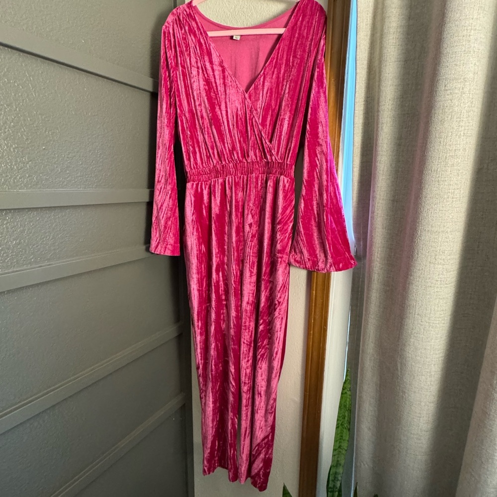 A New Day Pink V-Neck Bishop Sleeve Cocktail Jumpsuit